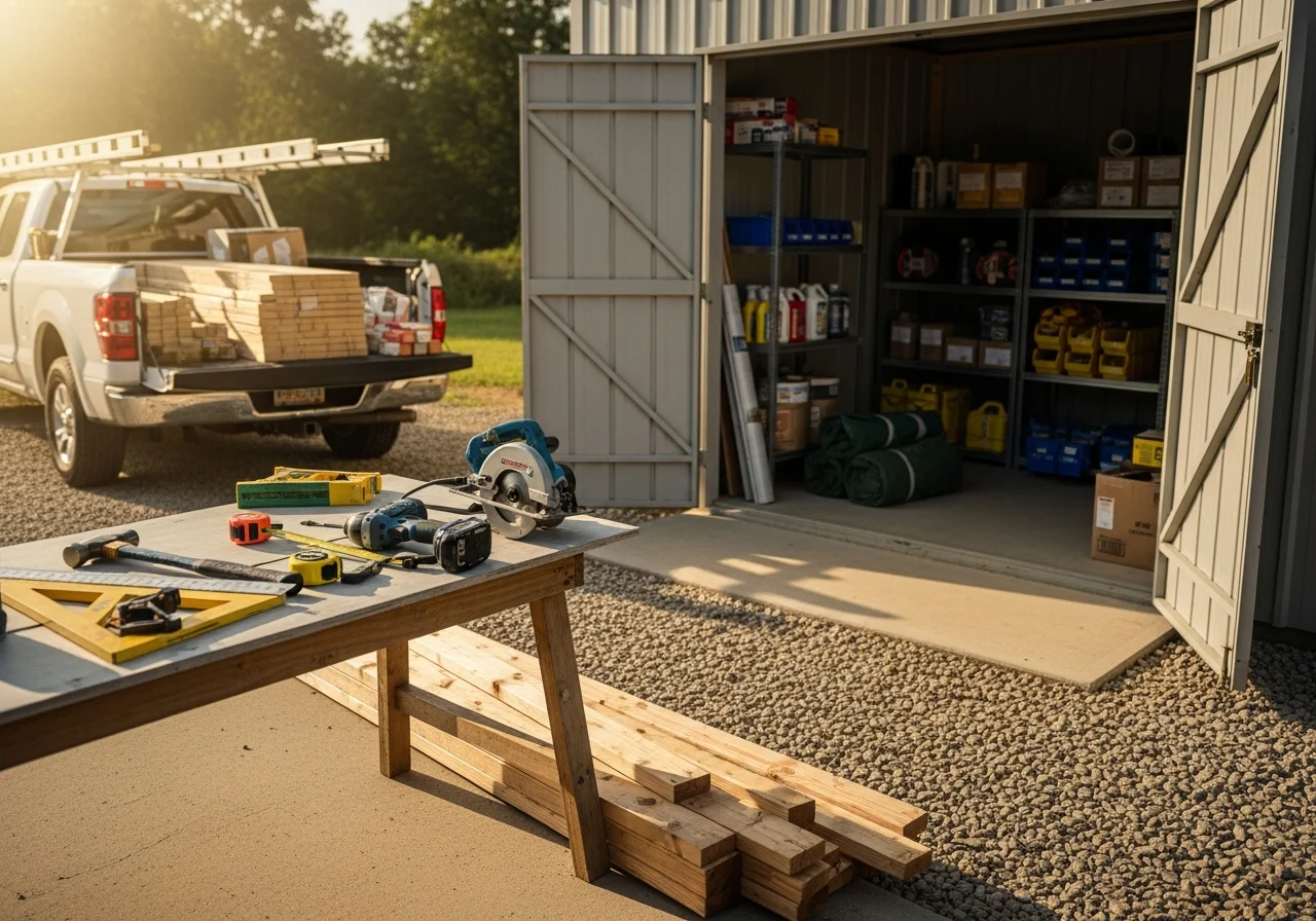 Construction crew tools and equipment on a job site, ready for residential or commercial framing and renovation work.