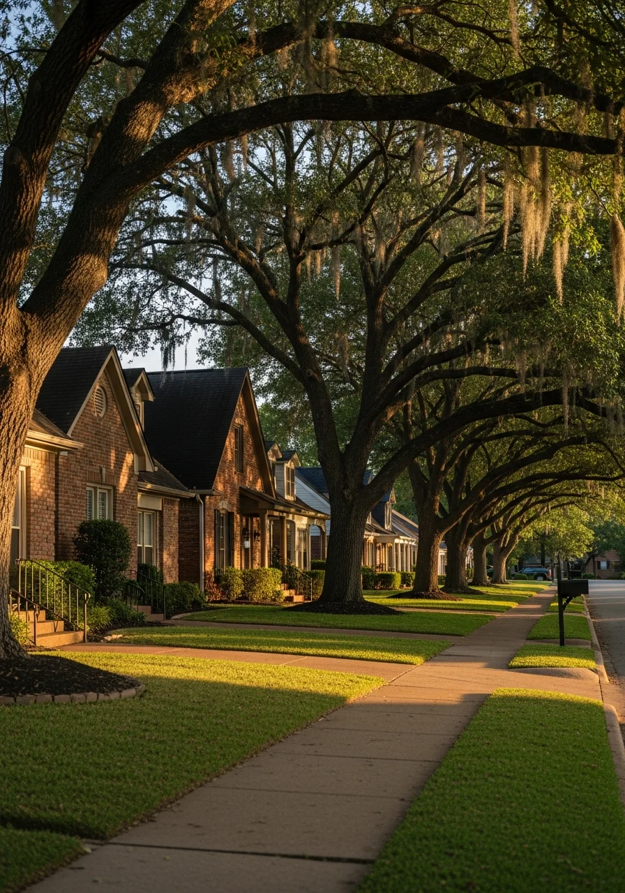 Memphis neighborhood street with a mix of residential homes and mature oak trees.