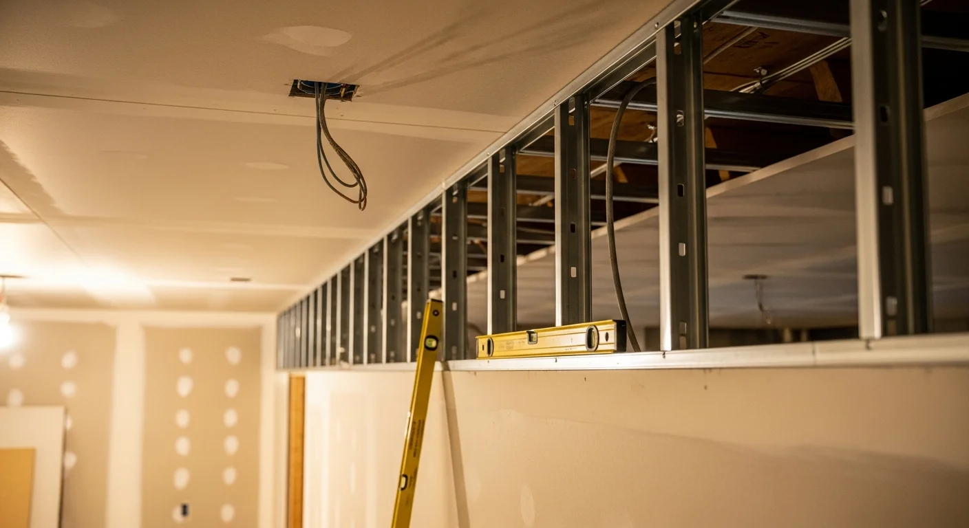 Freshly installed acoustic drop ceiling with a white grid and flush panels in a finished room interior. The installation is located in a residential property in Jackson, TN, showing clean edge trim and level panel alignment.