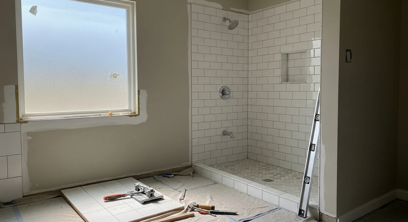 A remodeled bathroom in a single-family home in Jackson, TN, showing a walk-in tile shower, updated vanity, and new fixtures. The space reflects a clean, functional renovation typical of Eraga's Group LLC bathroom remodeling work.