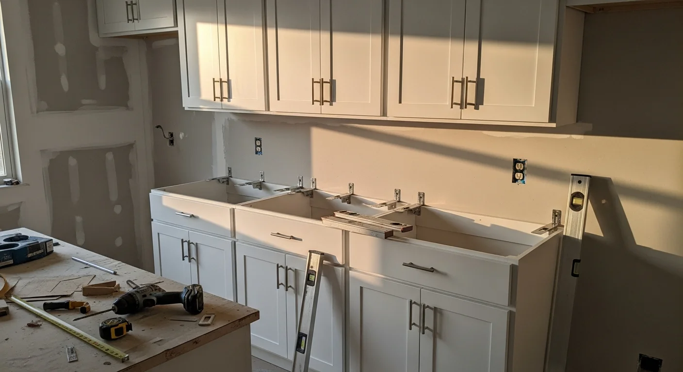 Newly installed white shaker kitchen cabinets with open shelving in a remodeled home in Jackson, TN. Upper and lower cabinet runs are fitted flush against painted walls with visible hardware and clean corner joints.