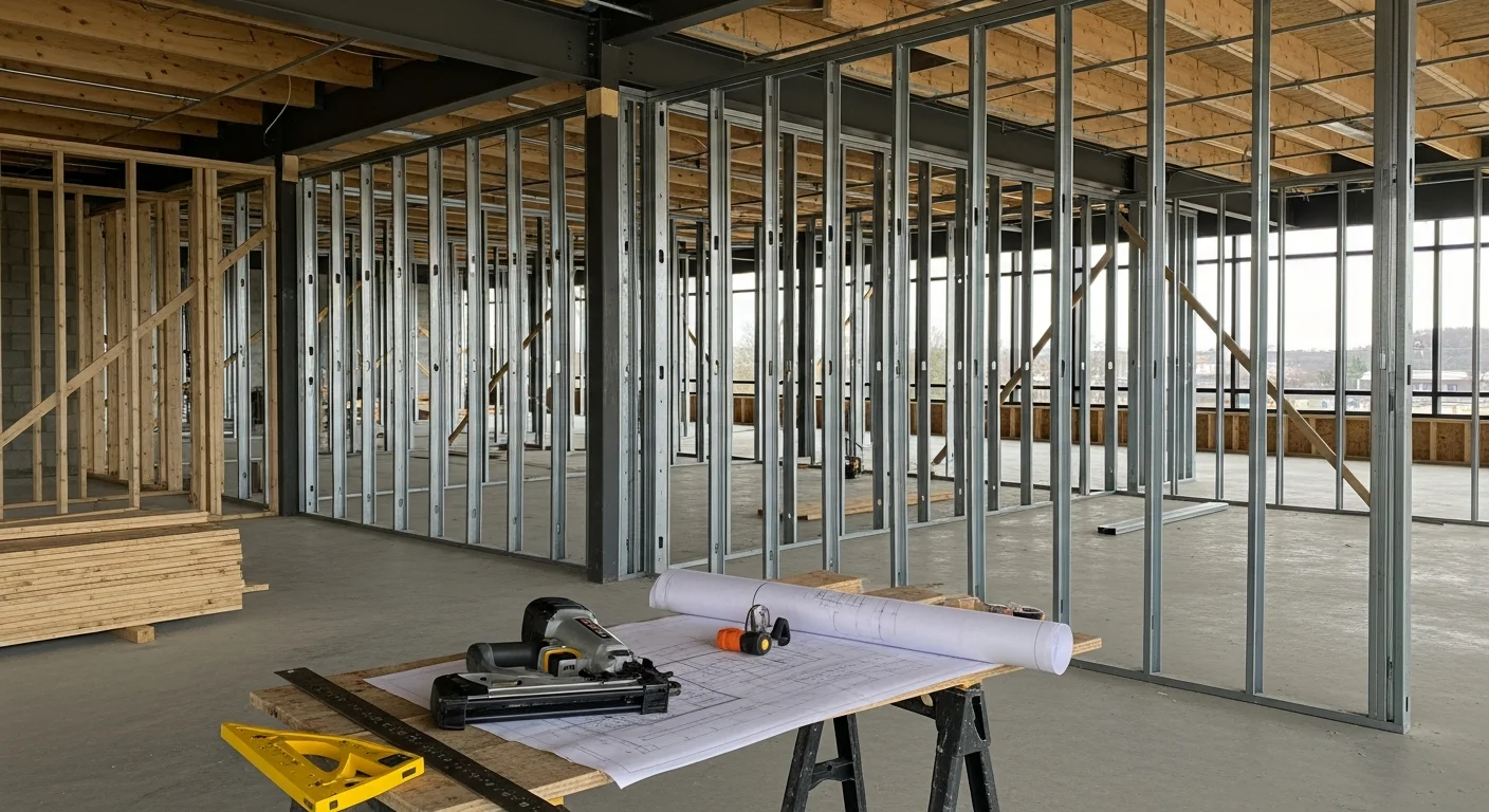 Commercial wood framing in progress on a new build in Jackson, TN, showing plumb stud walls and header assemblies inside an open structural shell. Eraga's Group LLC crew working on a commercial framing project in West Tennessee.
