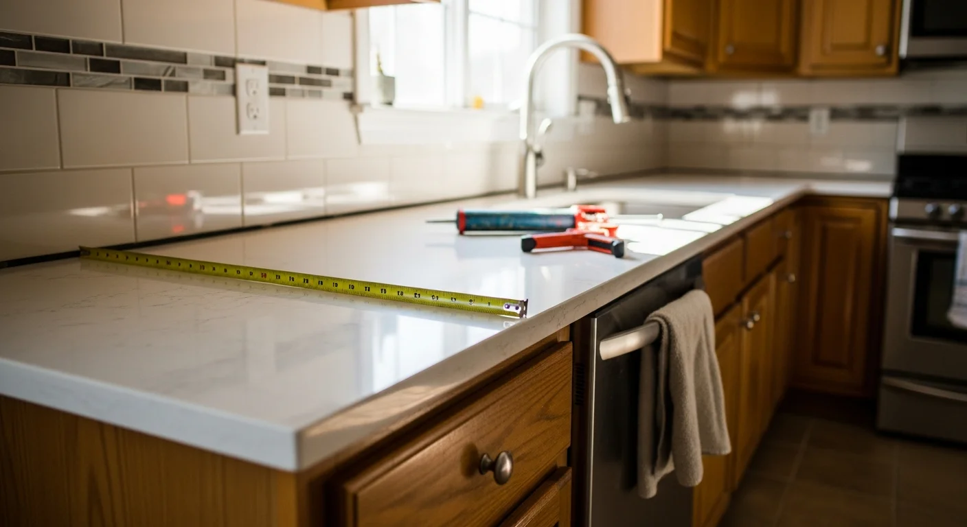 Freshly installed kitchen countertop in a Jackson, TN home, showing clean seams along the sink cutout and smooth surface finish against updated cabinetry. The bathroom vanity in the background displays a matching countertop replacement completed by Eraga's Group LLC.