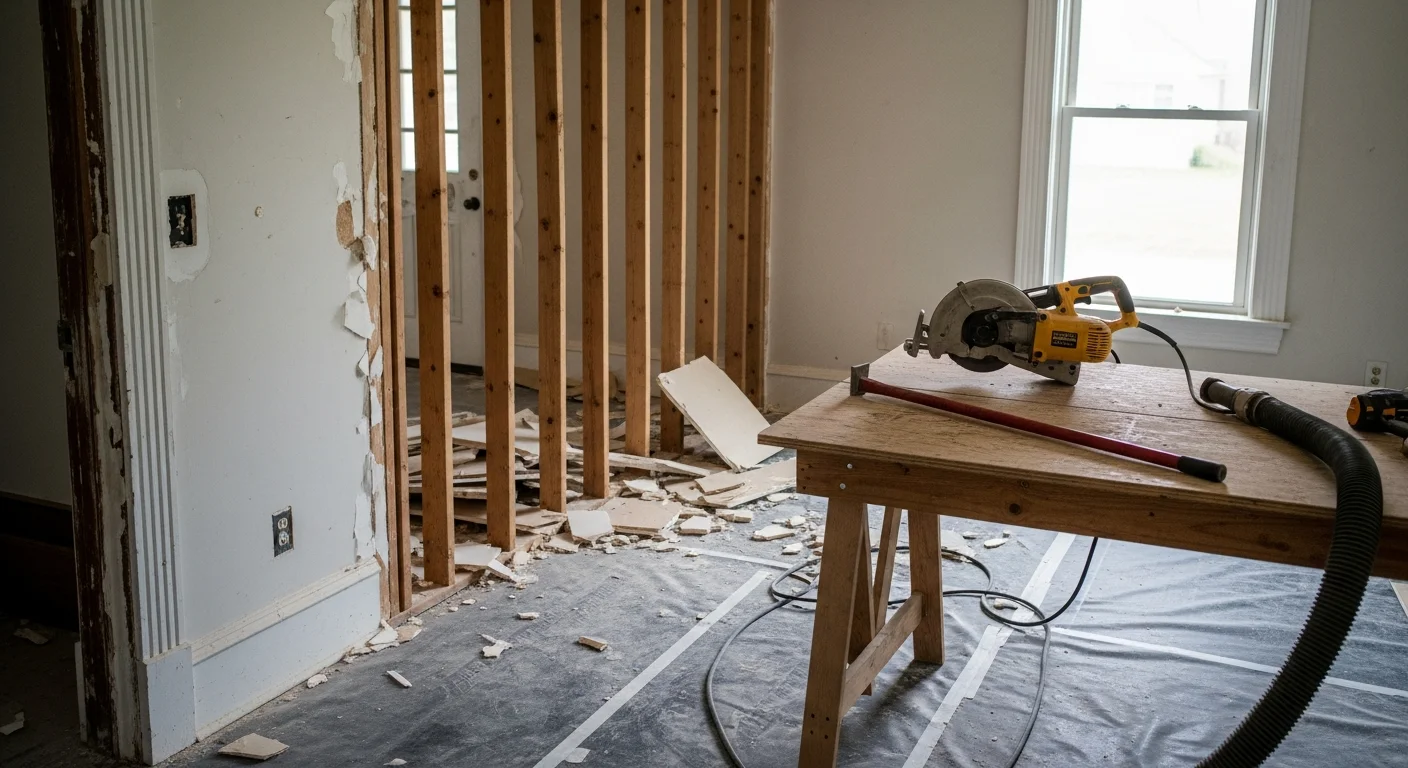 A cleared residential site in Jackson, TN after interior demolition, showing an open concrete subfloor with all debris removed and walls stripped back to the framing. A crew member from Eraga's Group LLC stands near the edge of the cleared space, ready for the next phase of work.