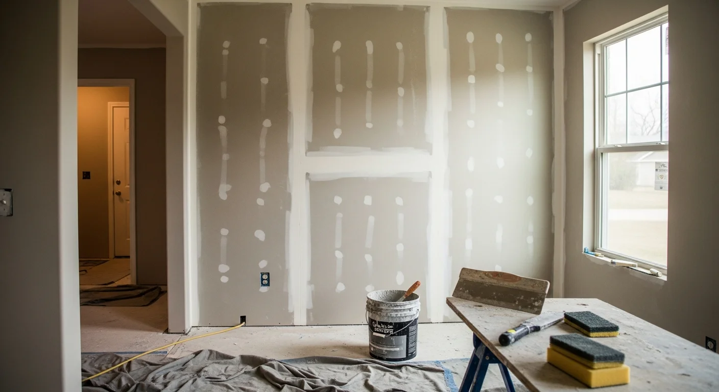 A freshly finished interior wall in a Jackson, TN home showing smooth, seam-free drywall surfaces ready for primer and paint. Close-up view reveals clean corner angles and no visible joint lines or tool marks.