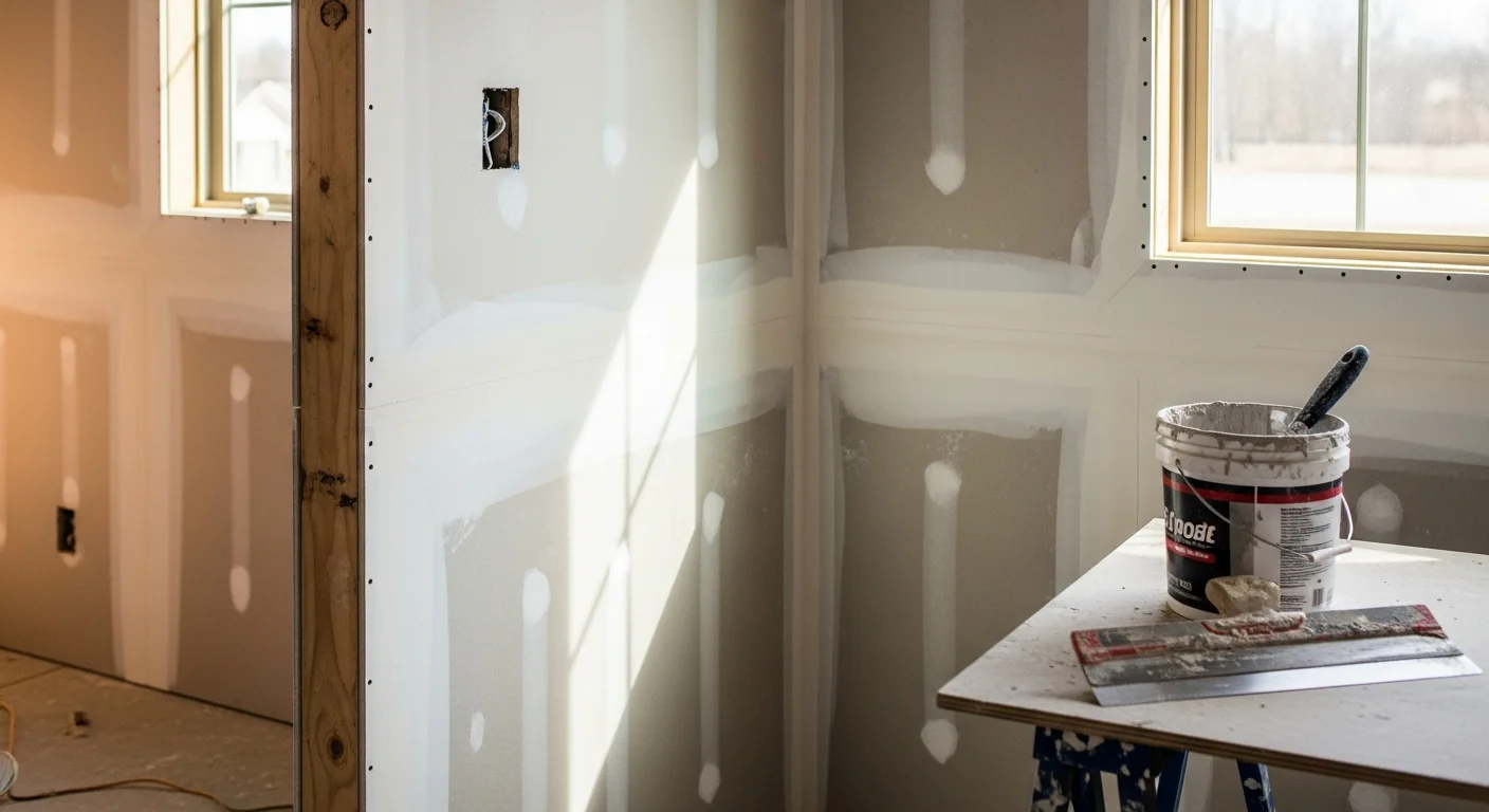 A freshly installed and finished drywall wall inside a residential room in Jackson, TN, with smooth, sanded surfaces ready for paint. The ceiling and adjoining wall show clean taped seams and no visible joints.