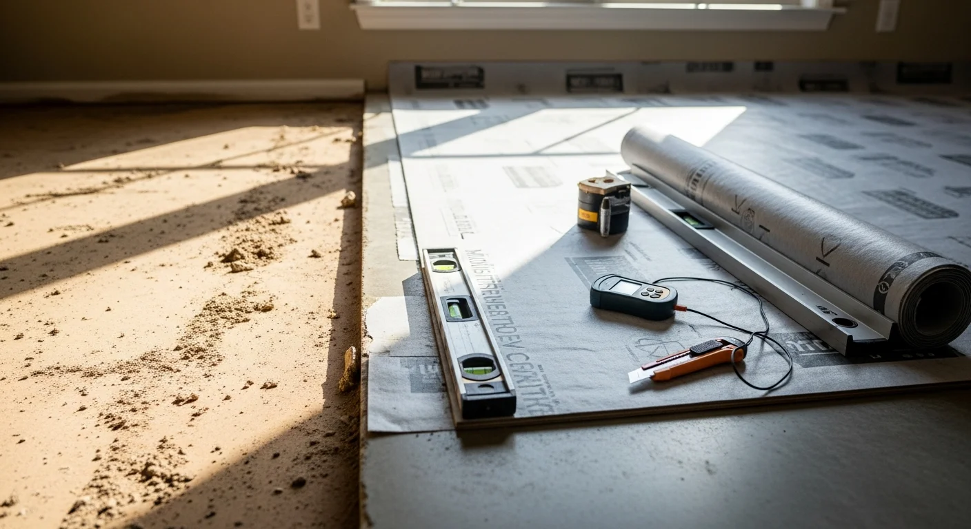Freshly installed hardwood flooring in a Jackson, TN residential living room with clean plank lines and a smooth, even finish. A professional installer from Eraga's Group LLC inspects the completed floor surface near a sunlit window.