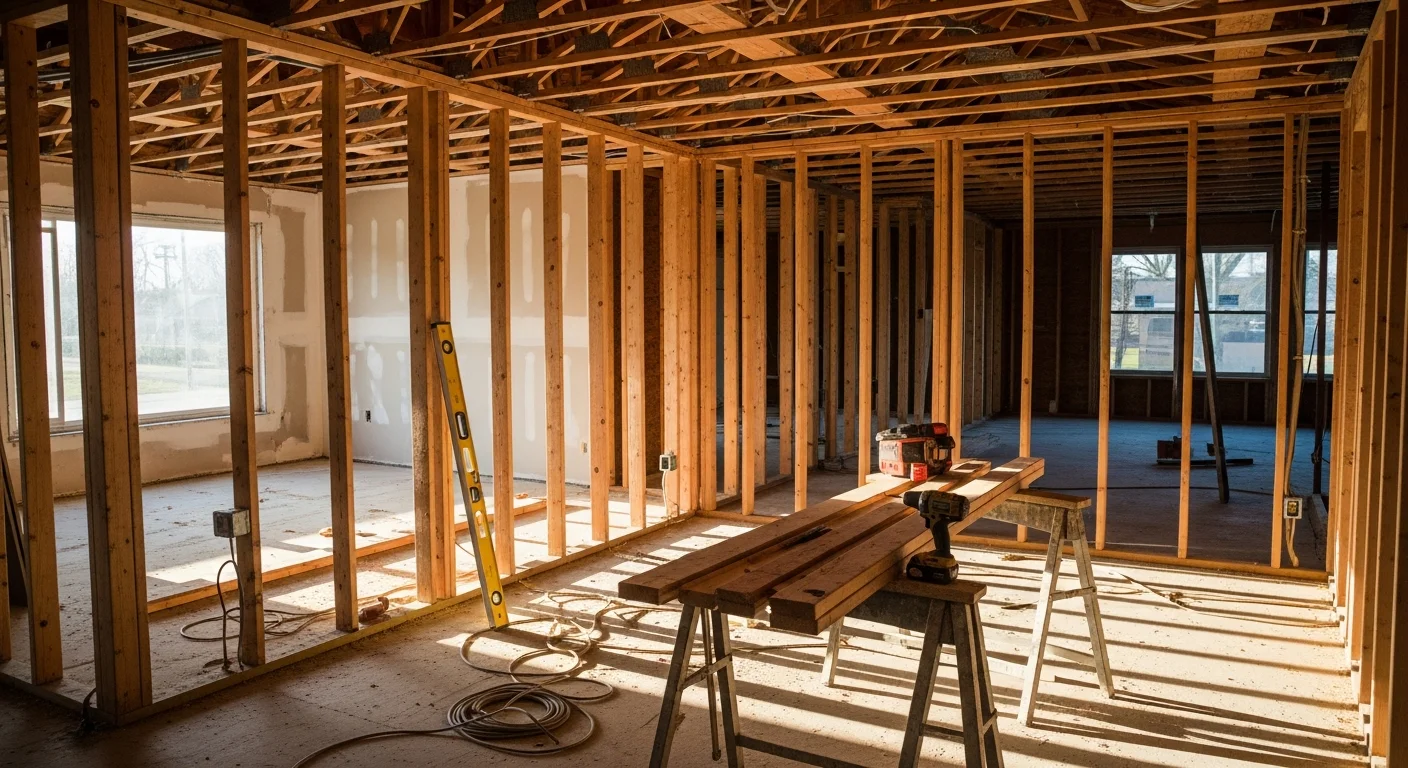 A Jackson, TN single-family home mid-gut renovation showing exposed wall studs, new framing, and subfloor after full interior demolition. A general contractor reviews the structural layout before mechanical rough-in work begins.