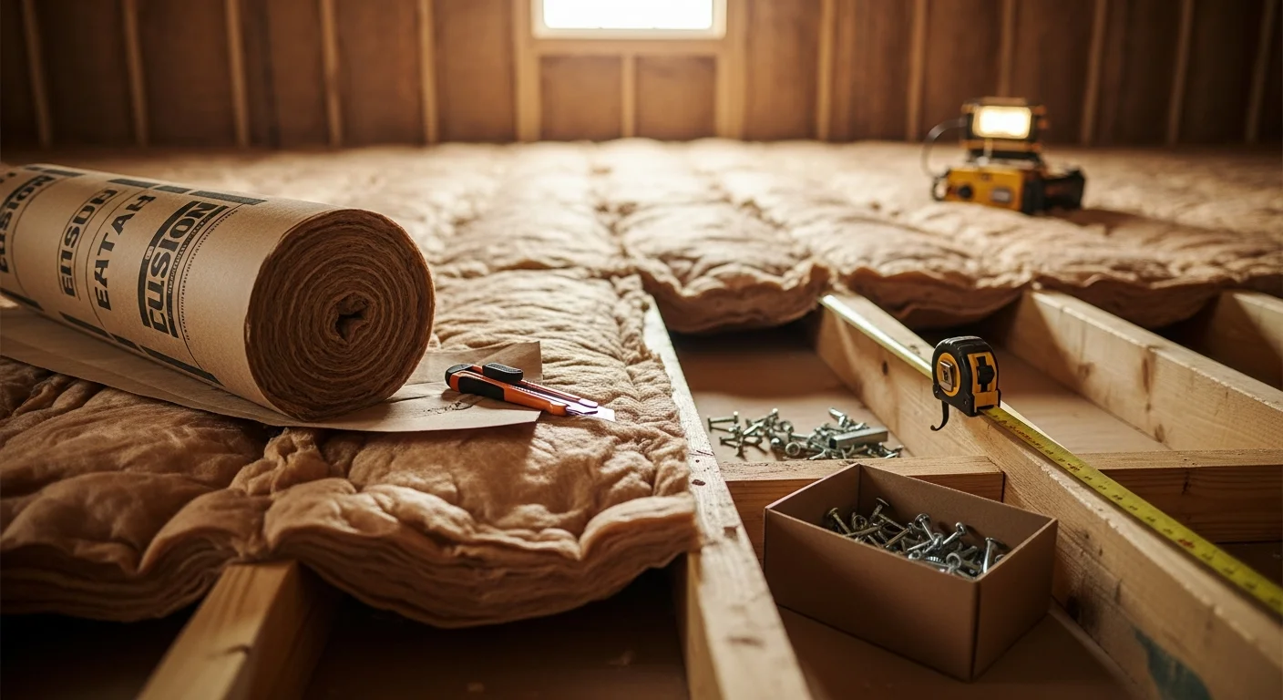 A contractor installing insulation in the attic of a single-family home in Jackson, TN, with visible coverage across the floor joists. The work area shows a typical West Tennessee residential attic with wood framing and natural light from a small vent opening.