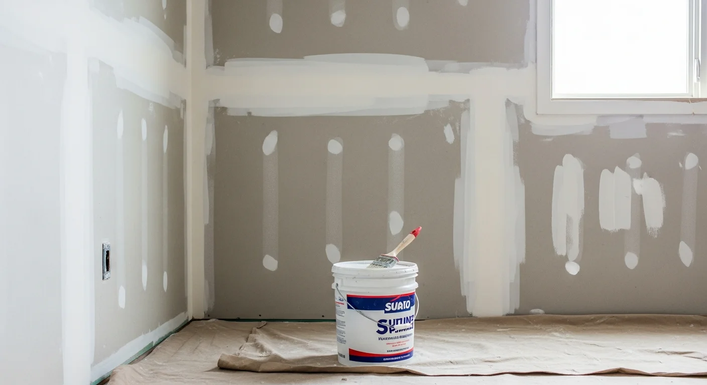 Interior room in a Jackson, TN home with freshly painted smooth walls, clean white trim, and a consistent flat finish on the ceiling. A paint roller and tray rest near a patched and primed drywall surface in the foreground.
