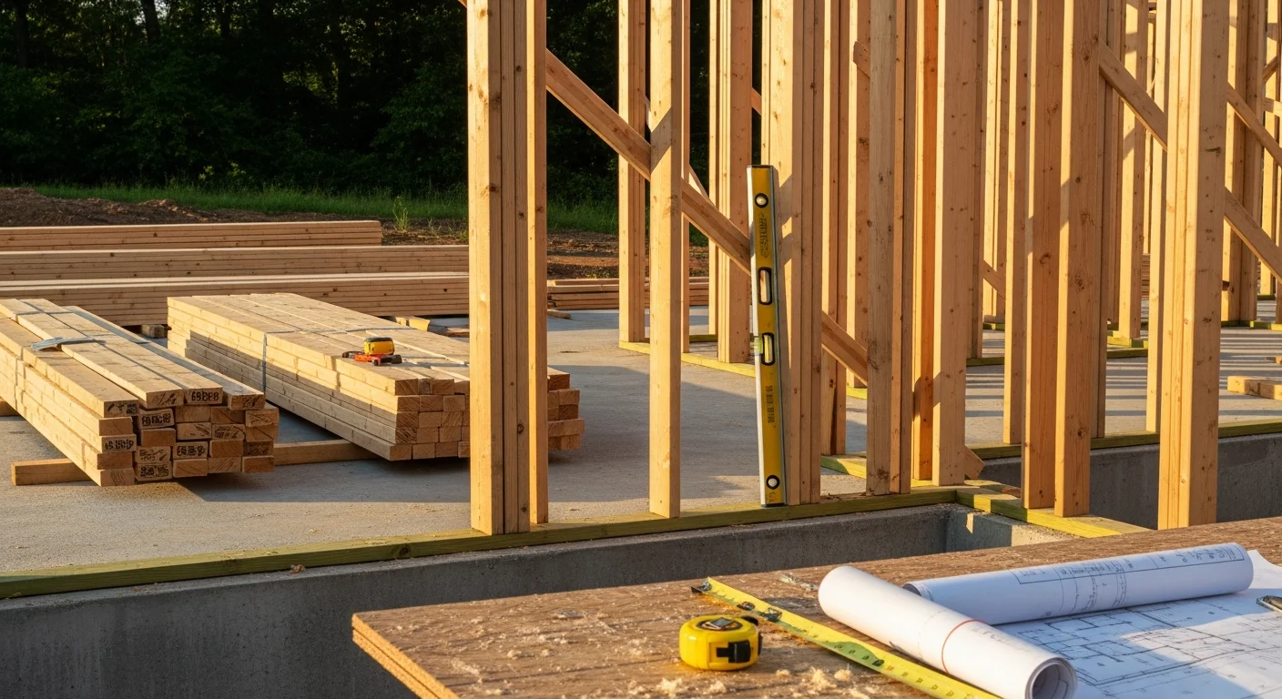 A newly framed single-family home under construction on a residential lot in Jackson, TN, with wood framing and roof trusses visible against a clear sky. A general contractor reviews plans at the job site in the foreground.