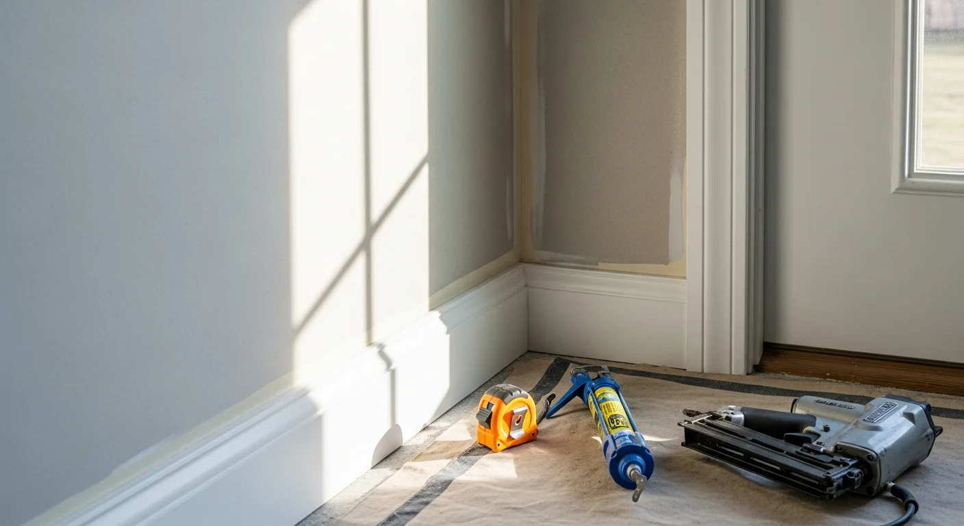 Freshly installed white baseboard and door casing trim in a residential room in Jackson, TN, with smooth joints and clean corners ready for paint. The trim runs flush against finished drywall walls with no visible gaps.