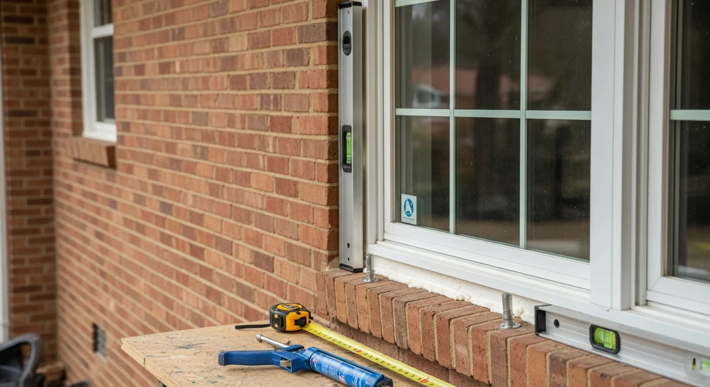 A freshly installed window on a single-family home in Jackson, TN, showing a clean frame fit flush against the exterior wall. Interior view reveals clear glass with no visible gaps or caulk irregularities along the frame edges.